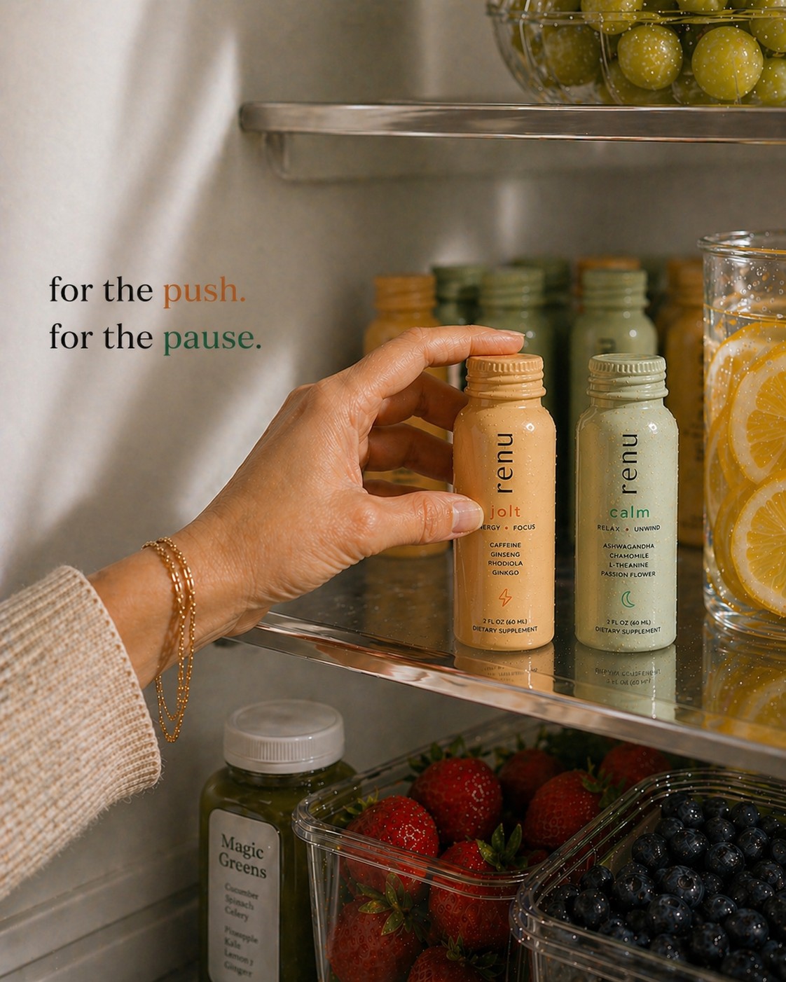 hand reaching for renu jolt and calm in the fridge