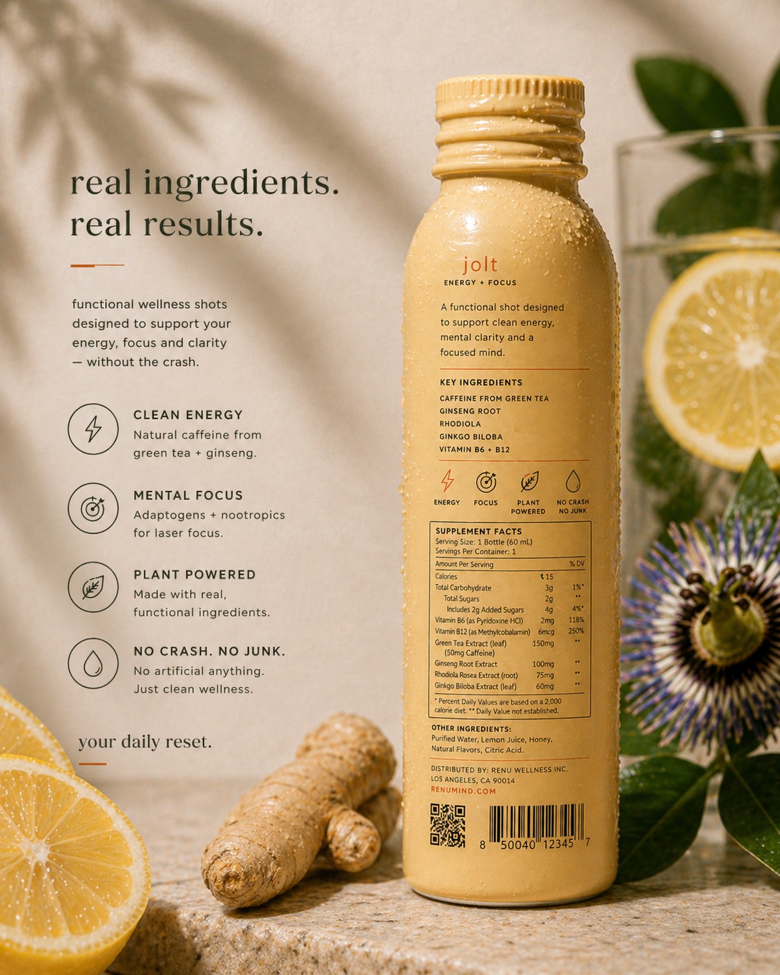 renu jolt bottle with lemon, ginger, ginseng