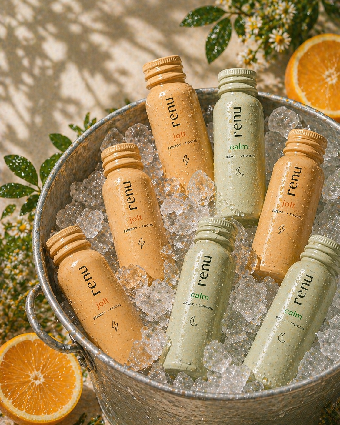renu jolt and calm bottles in an iced bucket with oranges and chamomile