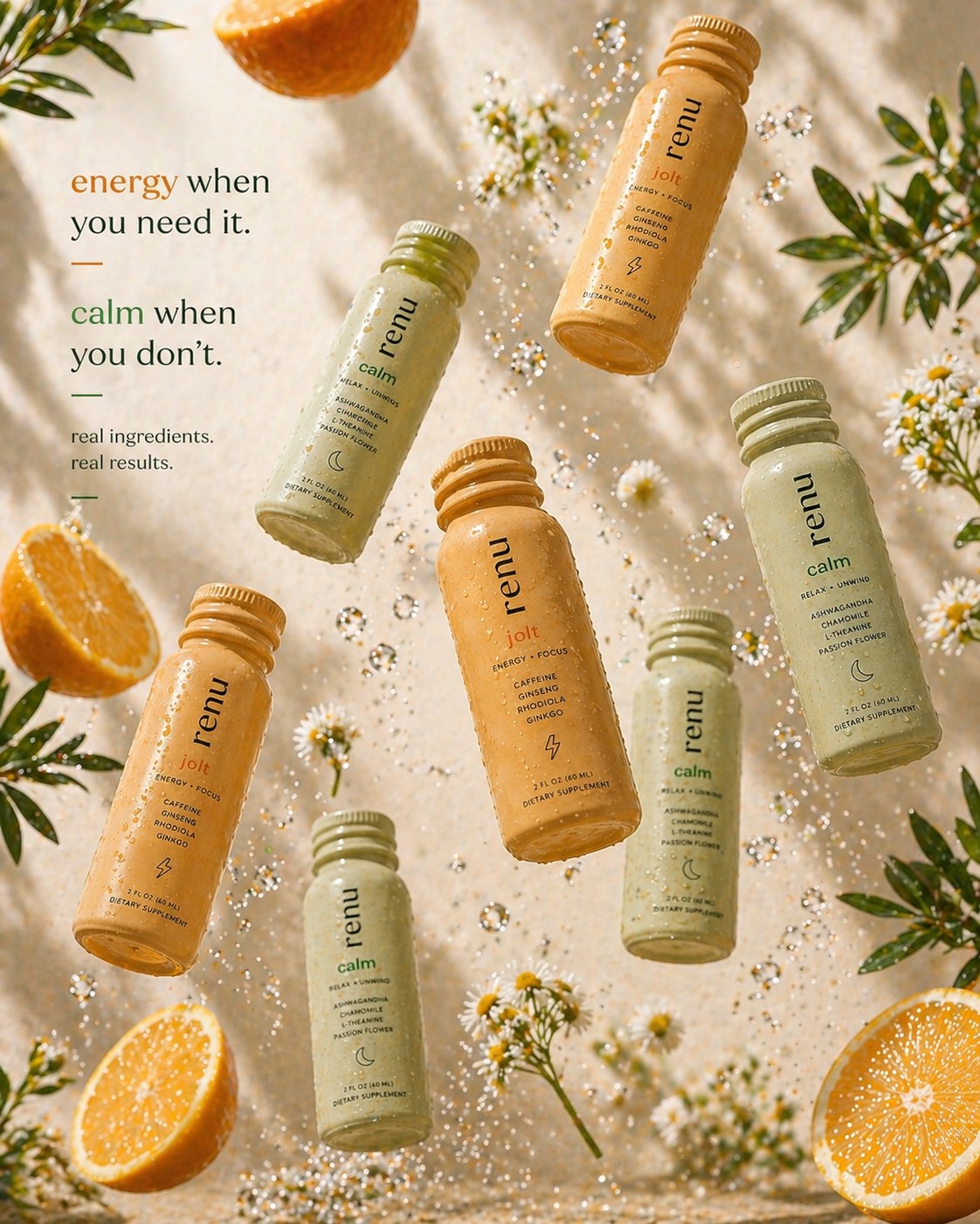 renu jolt and calm bottles with chamomile and orange splash
